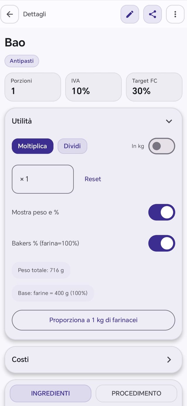 Schermata strumenti baker e proporzionamento
