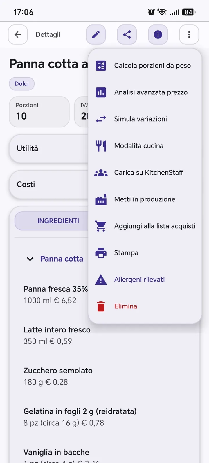 KitchenAct professional recipe management: recipe detail and portions