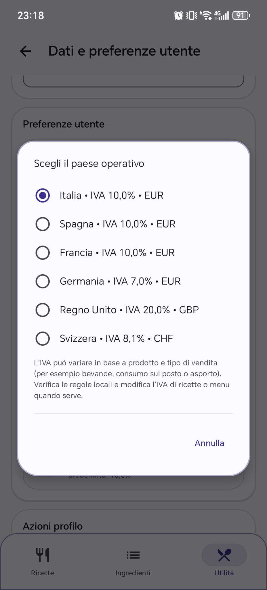 Schermata scelta paese di riferimento e valuta