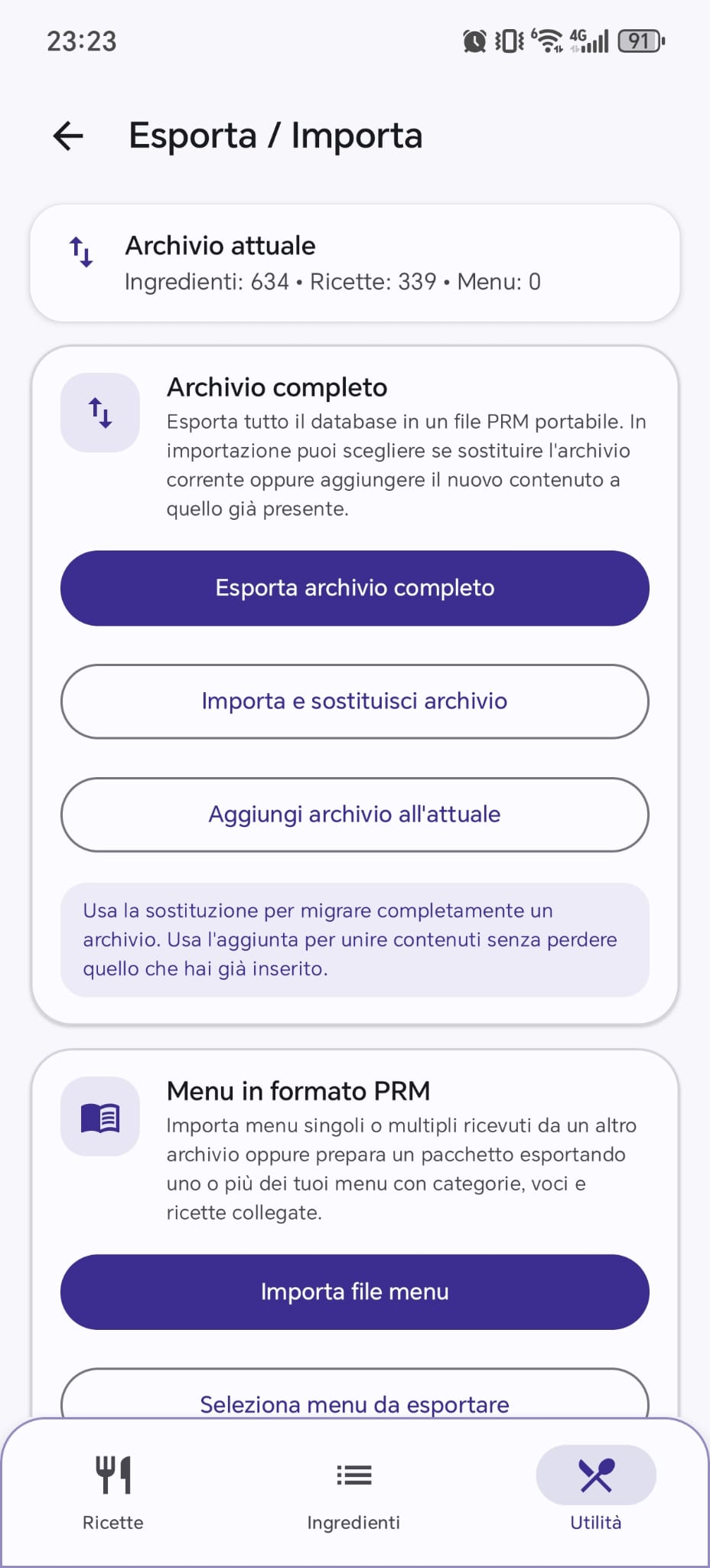 Schermata backup export e import
