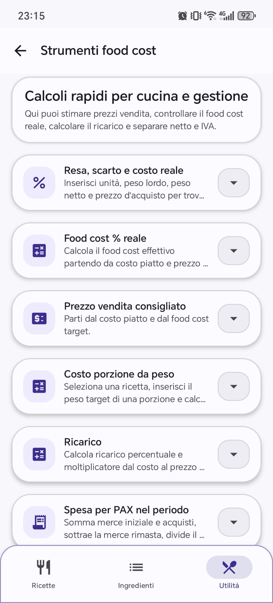 Schermata strumenti food cost