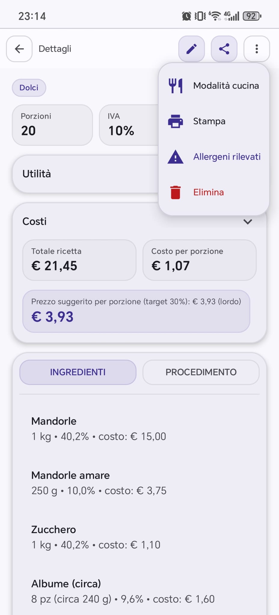 Schermata reale del dettaglio ricetta