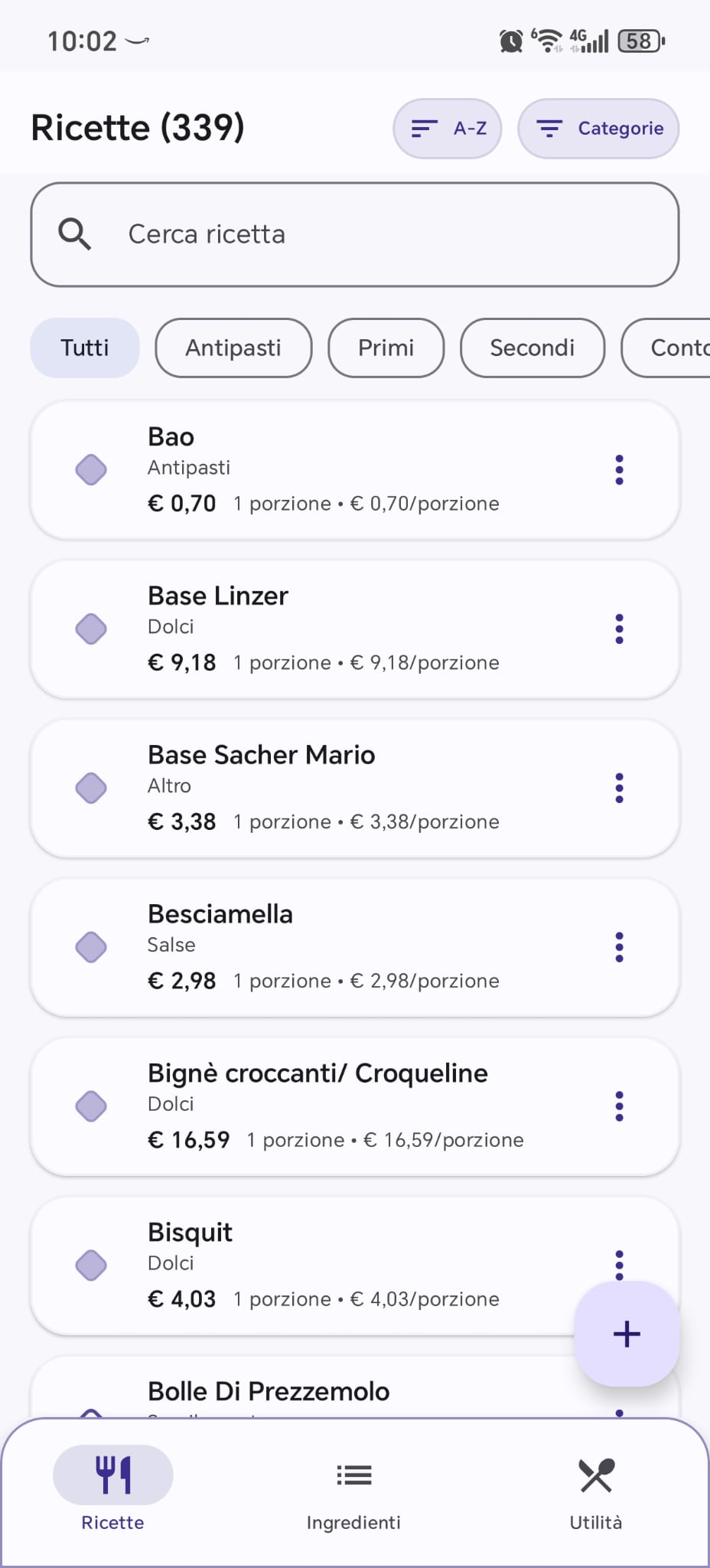 Schermata reale dell'elenco ricette