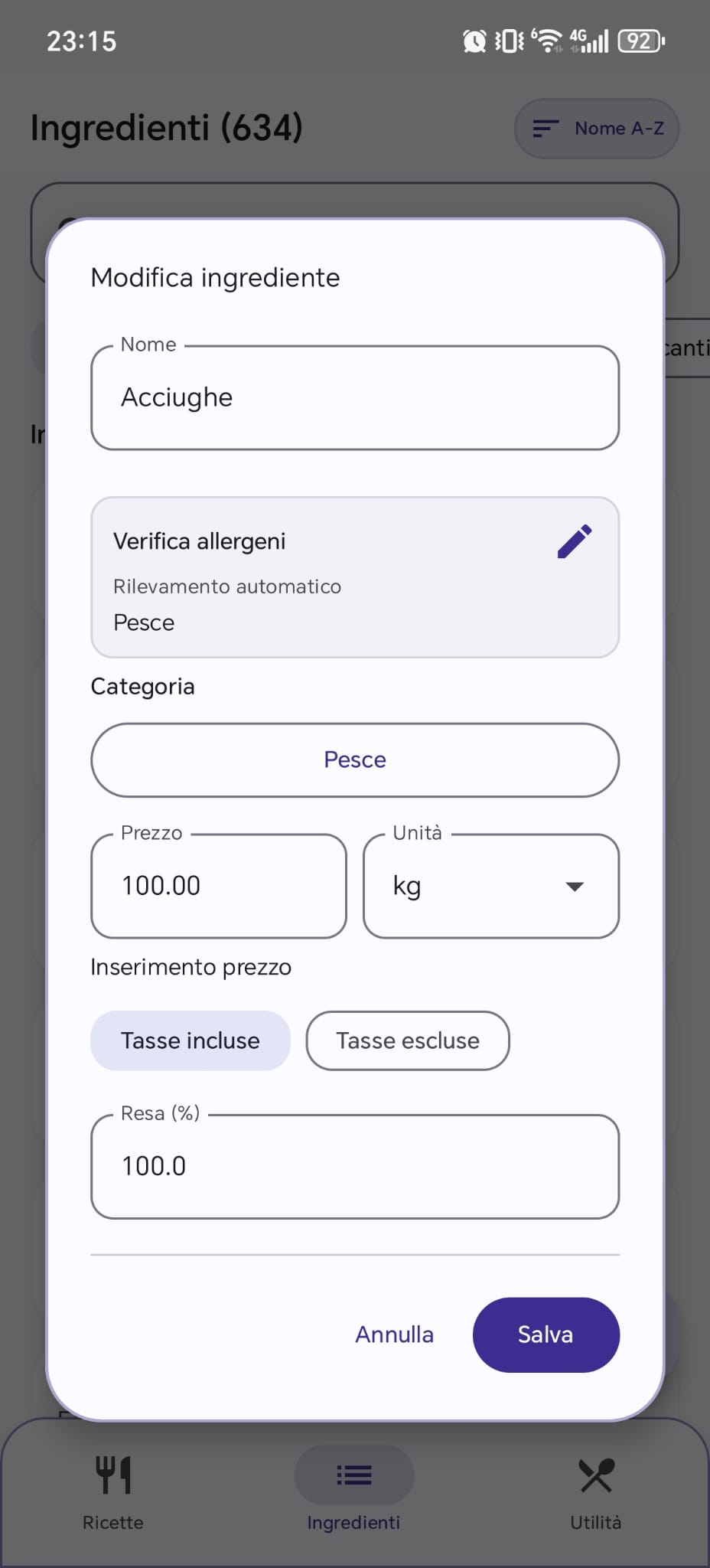 Schermata modifica ingrediente con input avanzato