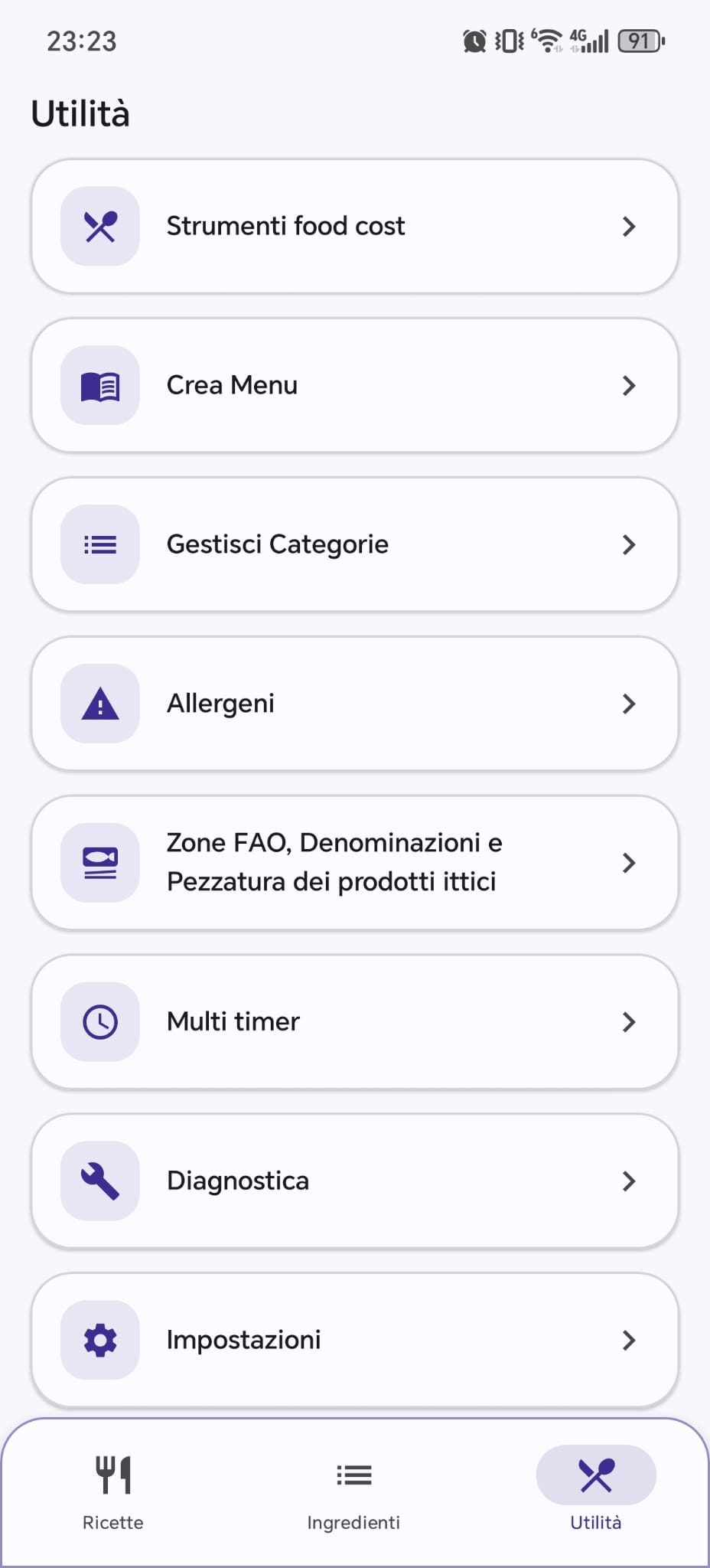 Schermata utilità con food cost e strumenti